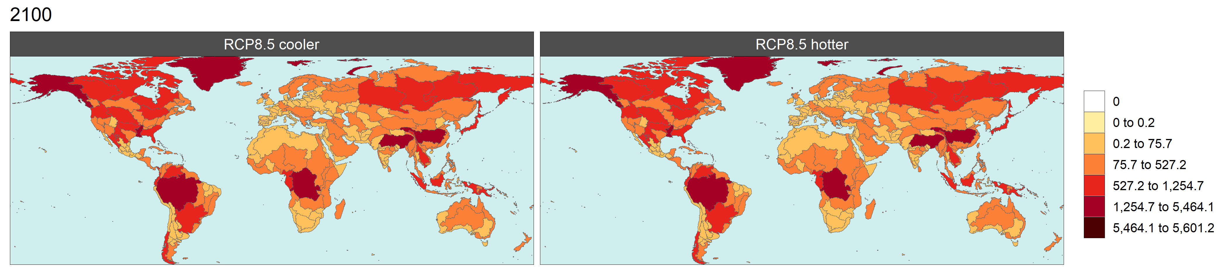 **Comparison of global water runoff in 2100 (km3) under RCP8.5 hotter and RCP8.5 cooler**