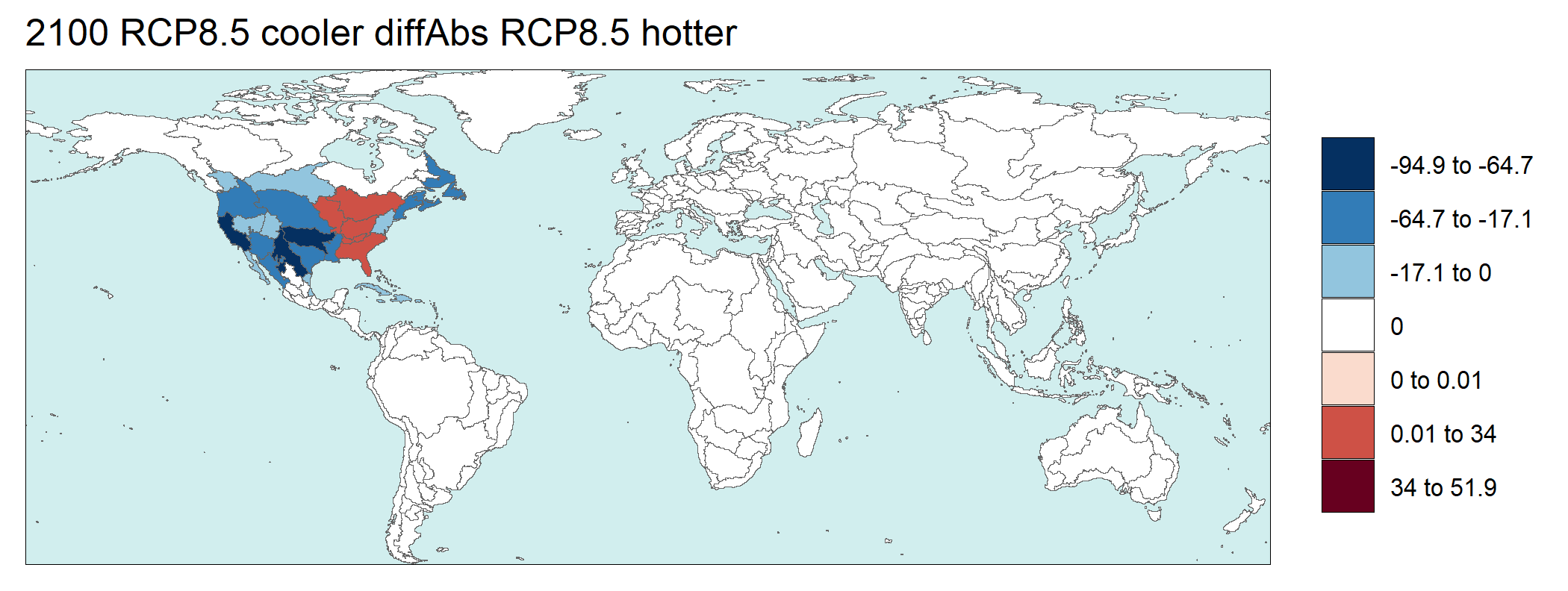 **Absolute difference of global water runoff in 2100 (km3) under RCP8.5 hotter and RCP8.5 cooler**