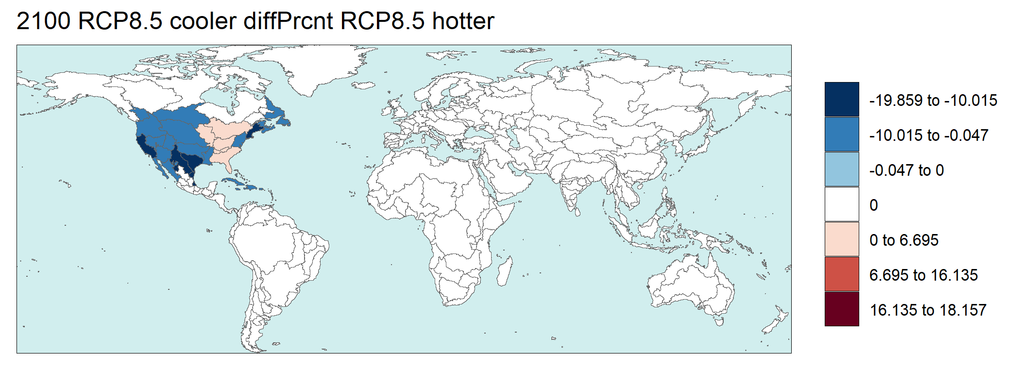 **Relative difference of global water runoff in 2100 (km3) under RCP8.5 hotter and RCP8.5 cooler**